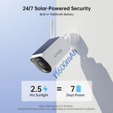24/7 Solar-Powered Security Camera with Built-in 11600mAh Battery, showing 2.5 hours of sunlight equals 7 days of power